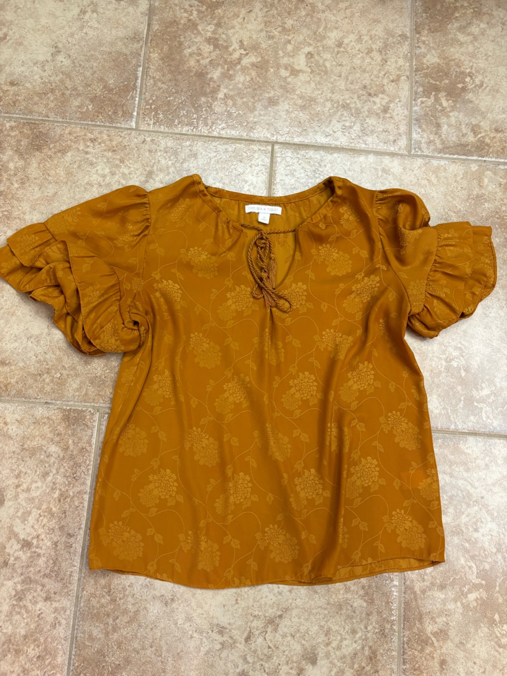 Chelsea & Violet Mustard Floral Jacquard Puff-Sleeve Blouse